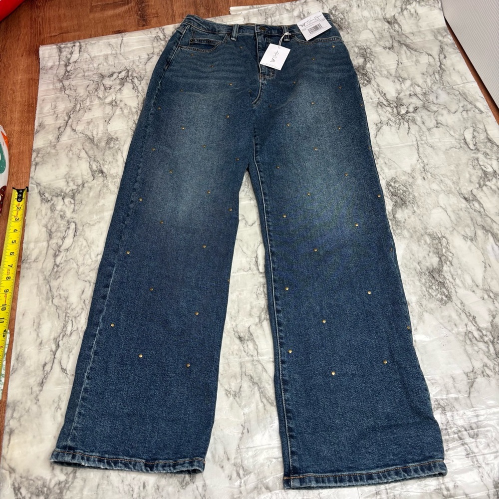 Jessica Simpson Zinnia Wide Leg Boyfriend Gold Studded denim jeans size 4 NWT - Picture 6 of 7